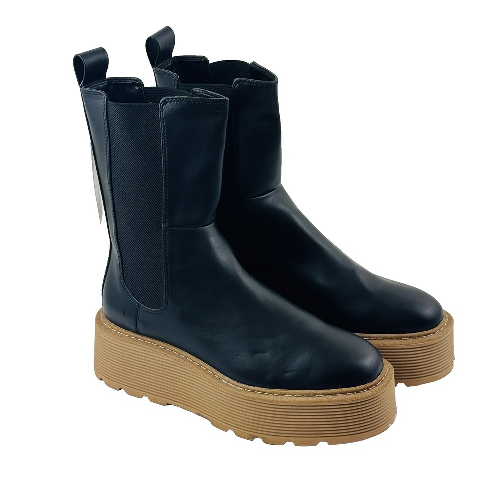 HM Womens Platform Chelsea Boots Black Tan Chunky Lug Sole Mid Calf US 8 NWOB